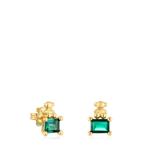 Aretes motivo oso con baño de oro 18 kt sobre plata y esmeralda creada en laboratorio Bold Bear LGG